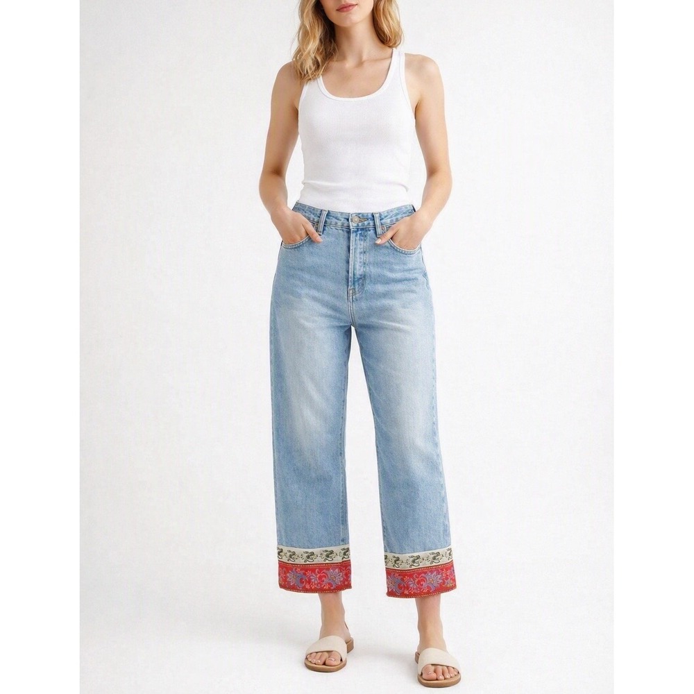 London Jean Cropped Denim Pants Paisley Trim Boho Casual